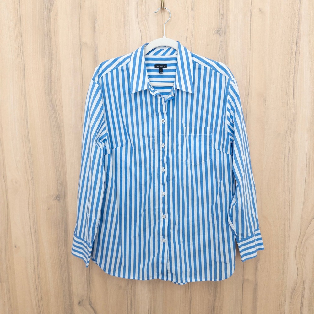 Talbots Striped Button Down Shirt L Blue Long Sleeve Preppy Nautical Office